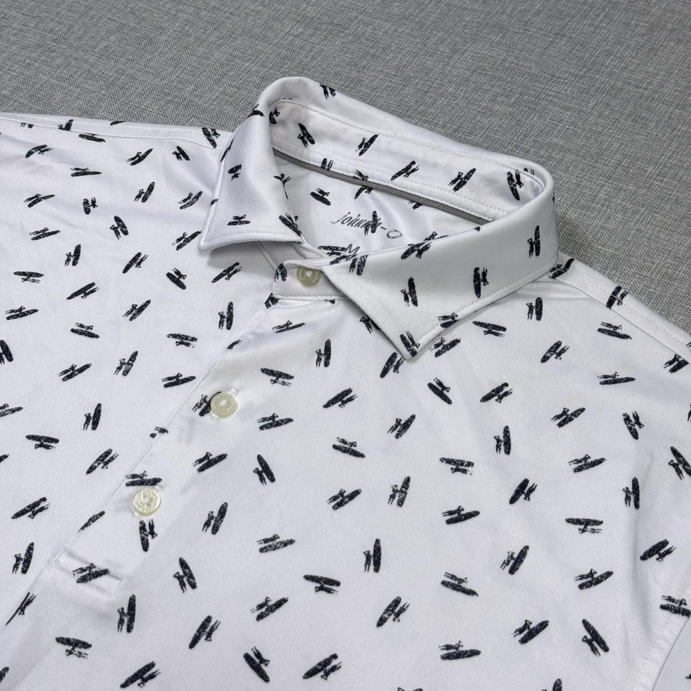 Johnnie-O Polo Golf Shirt Mens M White Graphic All Over Print Polyester Spandex